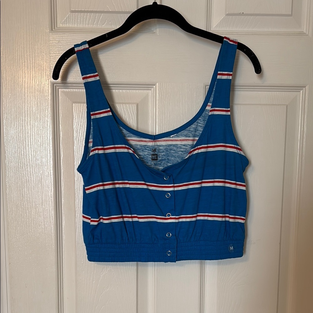 Me to We Blue and White Sleeveless Buttoned Crop Top
